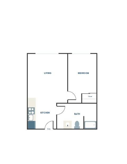 Floor plan for 1 bed, 1 bath, 461 sqft
